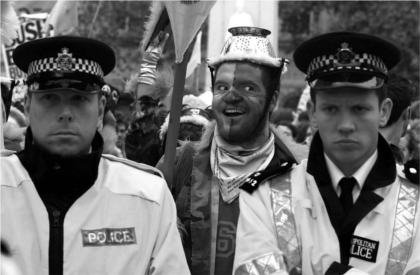 Rebel clown at the G8 summit, Scotland 2005. Source: Guy Smallman